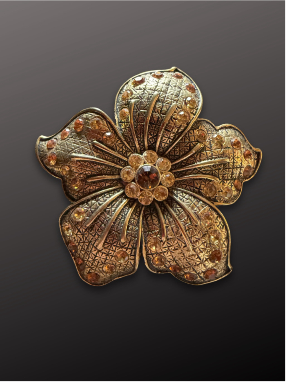 Vintage Flower Brooch with Amber Rhinestones